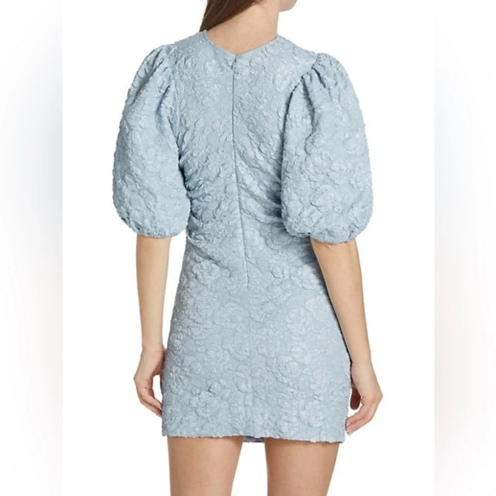 GANNI Sky Blue Jacquard Puff Sleeve Ruched Mini Dress NWT EU 34 US 2 XS - Picture 7 of 16